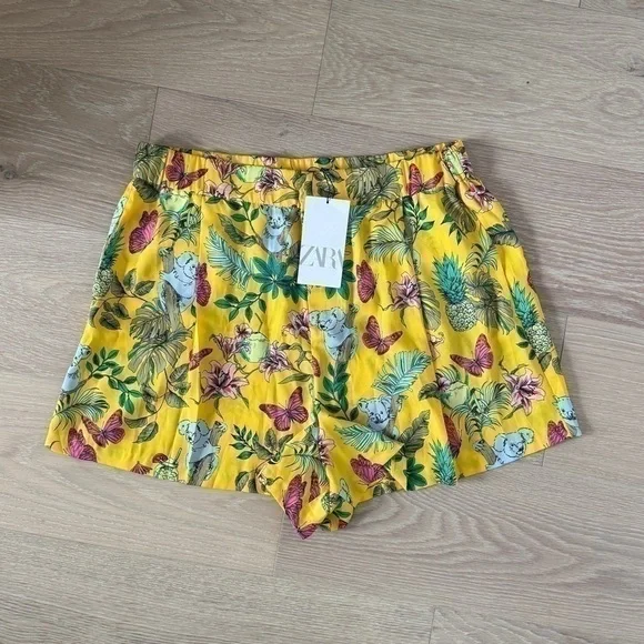Zara Yellow Jungle Silk Shorts - Picture 1 of 4